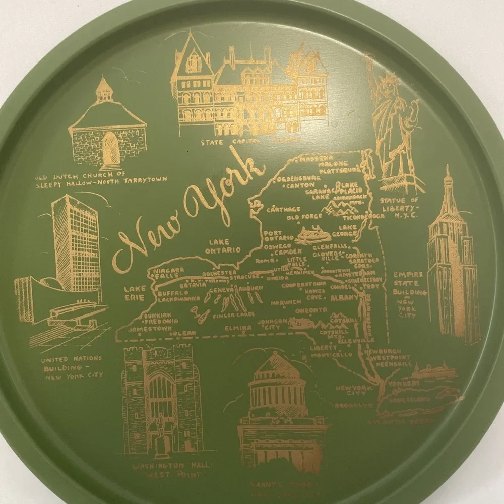 Vintage New York Metal Serving Tray Avocado Green & Gold Mid Century Modern 11